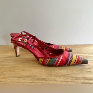 Bruno Magli Red Raw Silk Striped Slingback Pumps - Size 6 1/2